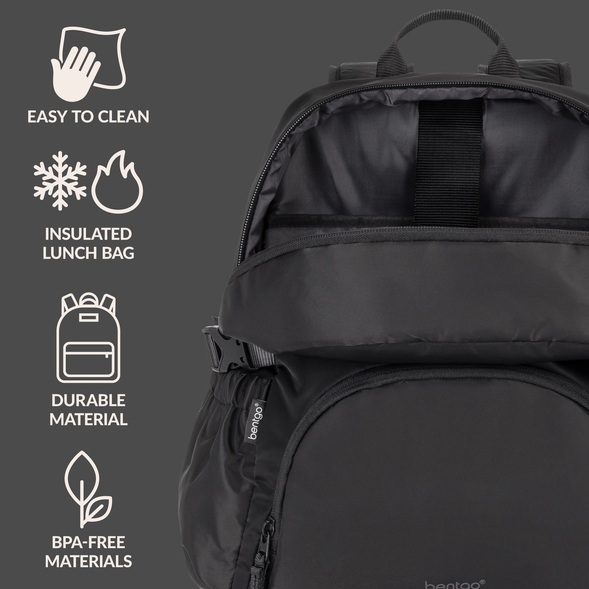 Bentgo® 2-in-1 Backpack & Lunch Bag - Obsidian Charcoal | Easy To Clean, Insulated Lunch Bag, Durable Material, And Made With BPA-Free Materials