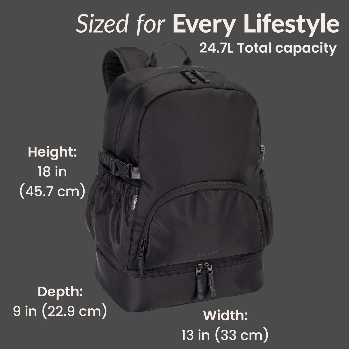 Bentgo® 2-in-1 Backpack & Lunch Bag - Obsidian Charcoal | Sized For Every Lifestyle - Product Dimensions