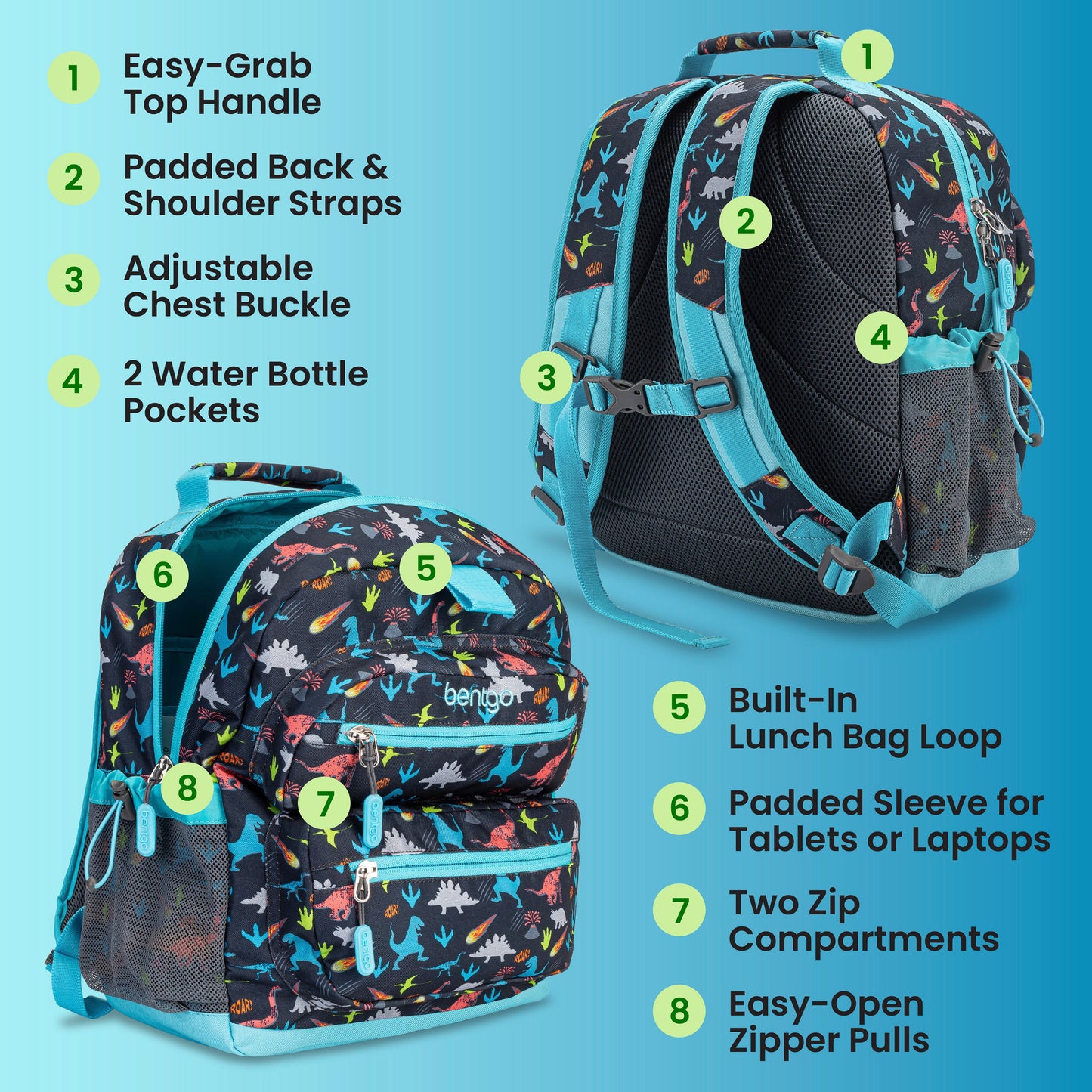 Bentgo Kids Prints Backpack - Dinosaur | Easy-Grab Top Handle, Padded Back & Shoulder Straps, Adjustable Chest Buckle, 2 Water Bottle Pockets, Built-In Lunch Bag Loop, Padded Sleeve For Tablets Or Laptops, Two Zip Compartments, And Easy-Open Zipper Pulls