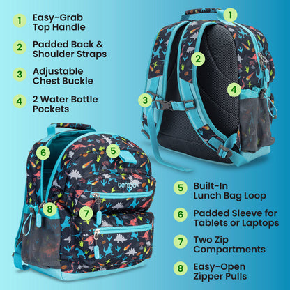 Bentgo Kids Prints Backpack - Dinosaur | Easy-Grab Top Handle, Padded Back & Shoulder Straps, Adjustable Chest Buckle, 2 Water Bottle Pockets, Built-In Lunch Bag Loop, Padded Sleeve For Tablets Or Laptops, Two Zip Compartments, And Easy-Open Zipper Pulls