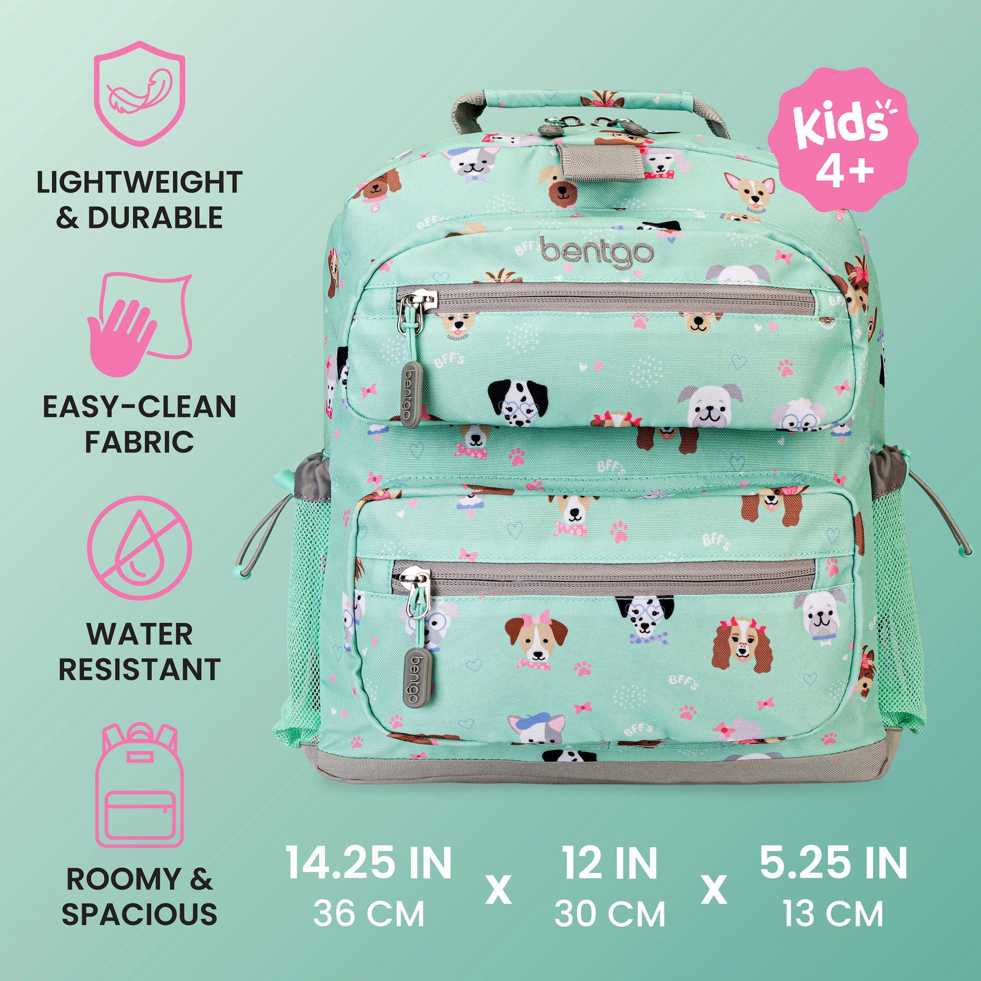 Bentgo Kids Prints Backpack - Puppy Love | Lightweight & Durable, Easy-Clean Fabric, Water-Resistant, Roomy & Spacious - Product Dimensions