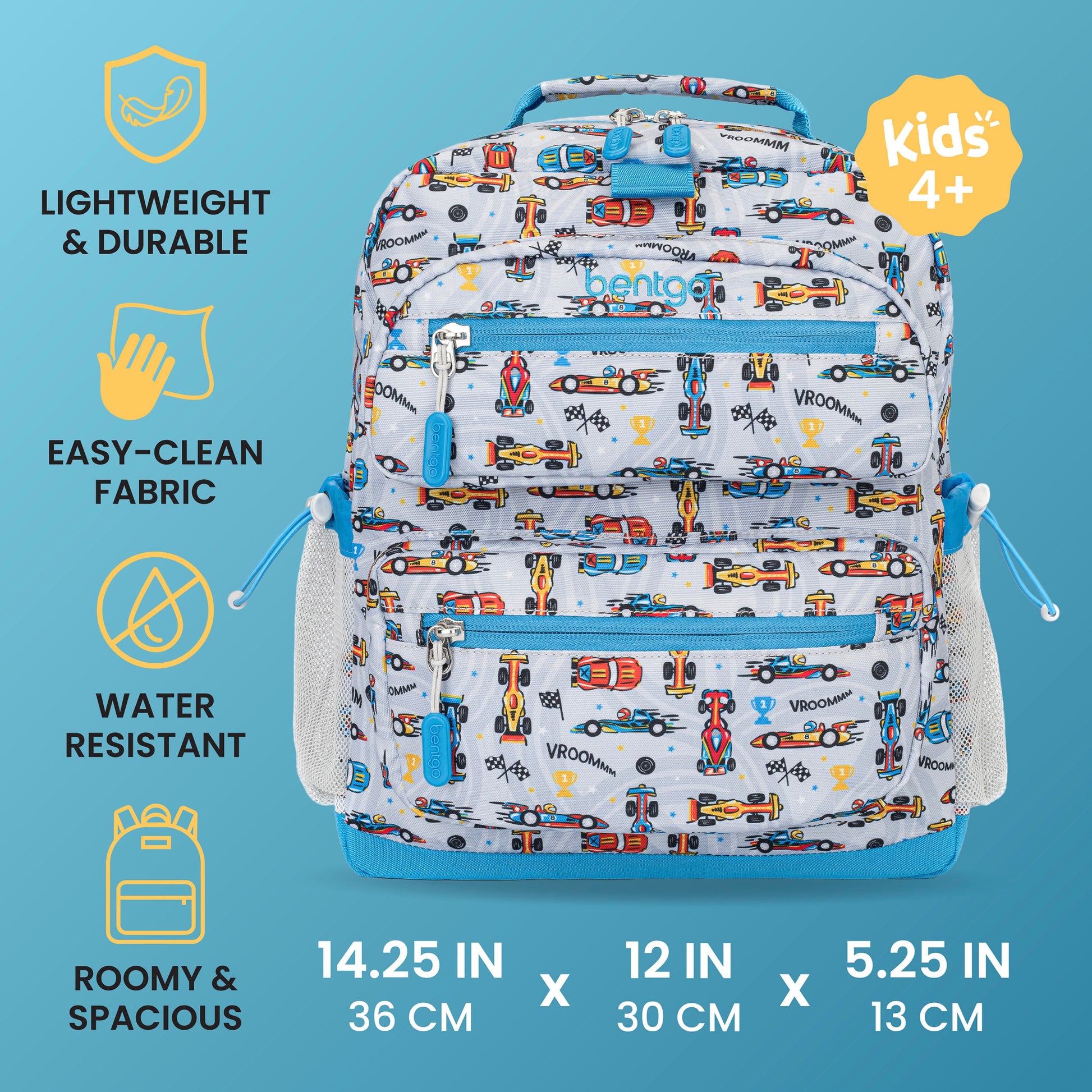 Bentgo Kids Prints Backpack - Race Cars | Lightweight & Durable, Easy-Clean Fabric, Water-Resistant, Roomy & Spacious - Product Dimensions