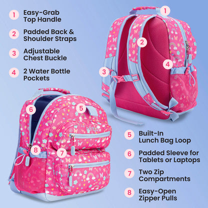 Bentgo Kids Prints Backpack - Rainbows and Butterflies| Easy-Grab Top Handle, Padded Back & Shoulder Straps, Adjustable Chest Buckle, 2 Water Bottle Pockets, Built-In Lunch Bag Loop, Padded Sleeve For Tablets Or Laptops, Two Zip Compartments, And Easy-Open Zipper Pulls