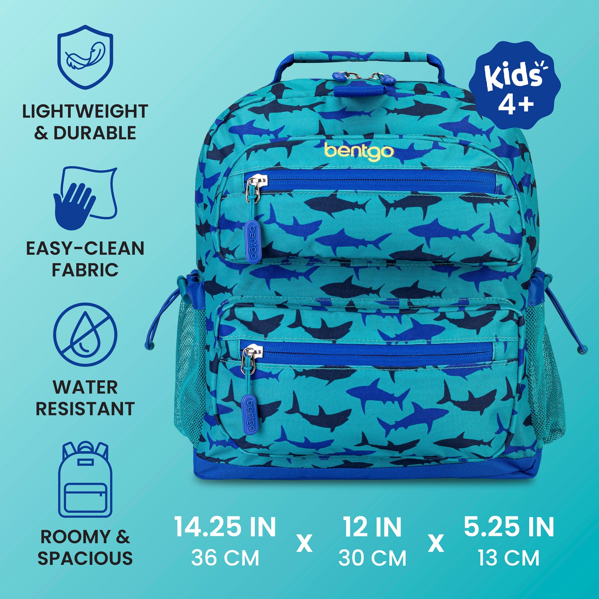 Bentgo Kids Prints Backpack - Sharks | Lightweight & Durable, Easy-Clean Fabric, Water-Resistant, Roomy & Spacious - Product Dimensions