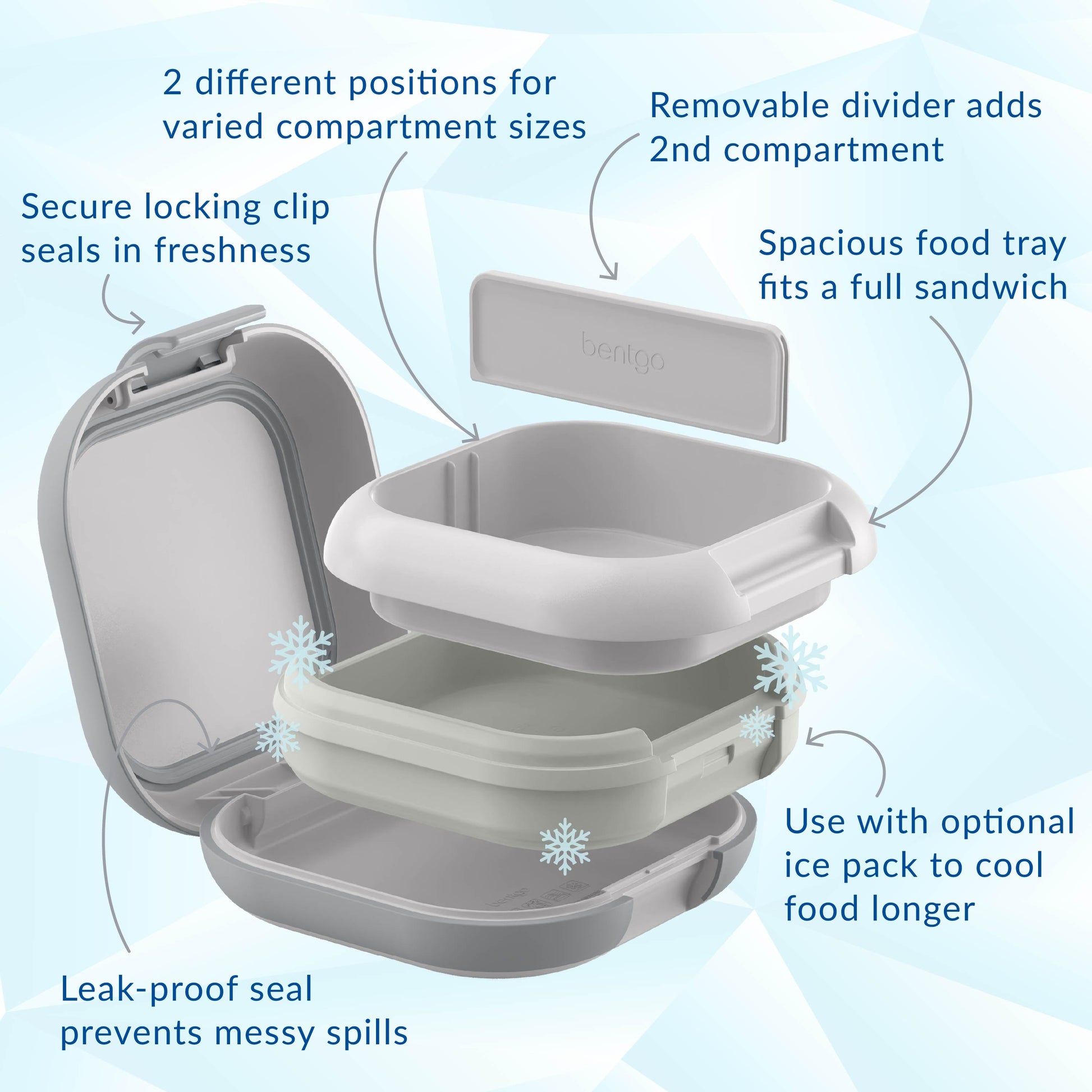 Bentgo® Chill Mini Lunch Box (2-Pack) - Crisp Grays | Secure Locking Clips Seals In Freshness, Spacious Food Tray Fits A Full Sandwich, Use With Optional Ice Pack To Cool Food Longer, Leak-proof Seal Prevents Messy Spills, Removable Divider To Add 2nd Compartment, And 2 Different Positions For Varied Compartment Sizes