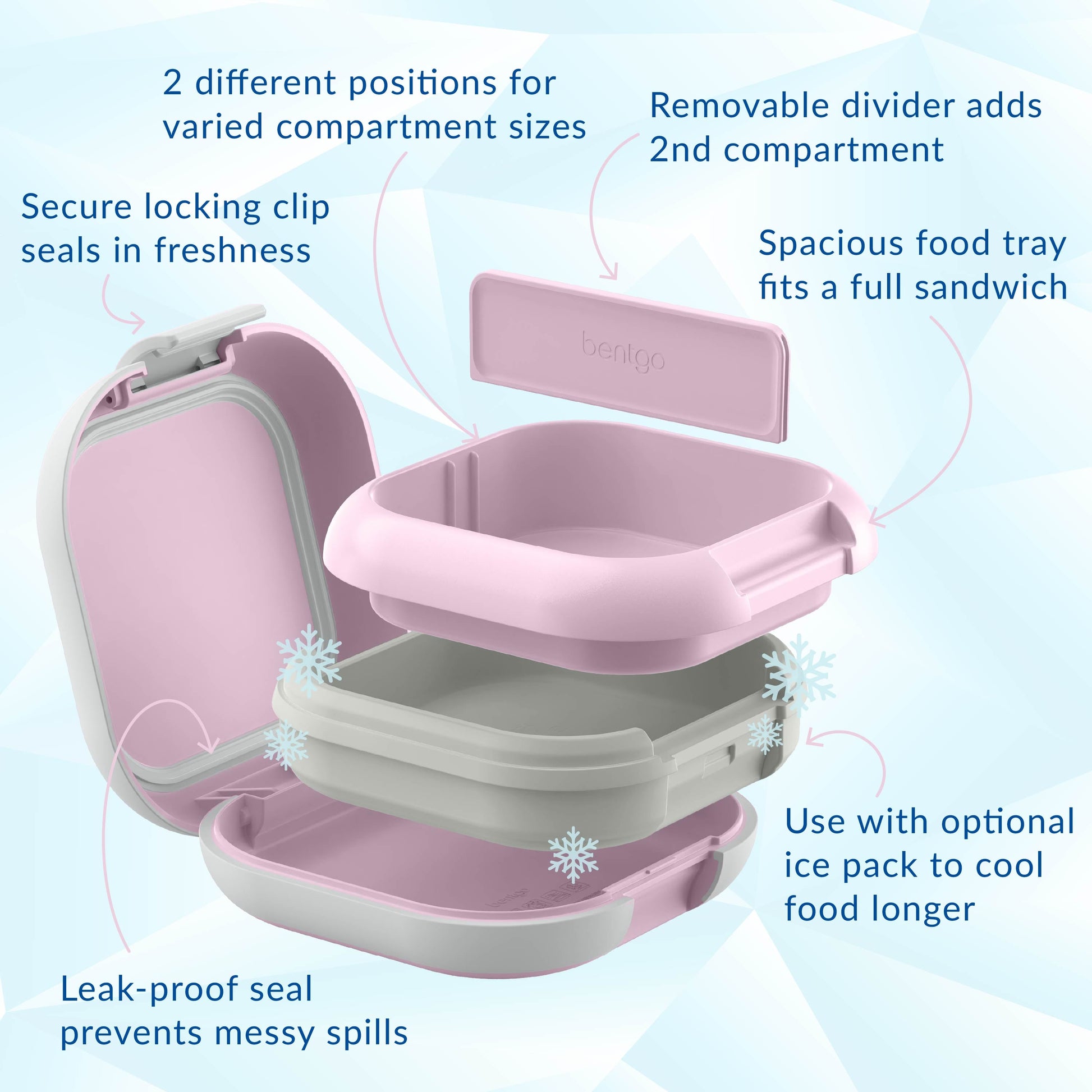 Bentgo® Chill Mini Lunch Box (2-Pack) - Lilac Mist | Secure Locking Clips Seals In Freshness, Spacious Food Tray Fits A Full Sandwich, Use With Optional Ice Pack To Cool Food Longer, Leak-proof Seal Prevents Messy Spills, Removable Divider To Add 2nd Compartment, And 2 Different Positions For Varied Compartment Sizes