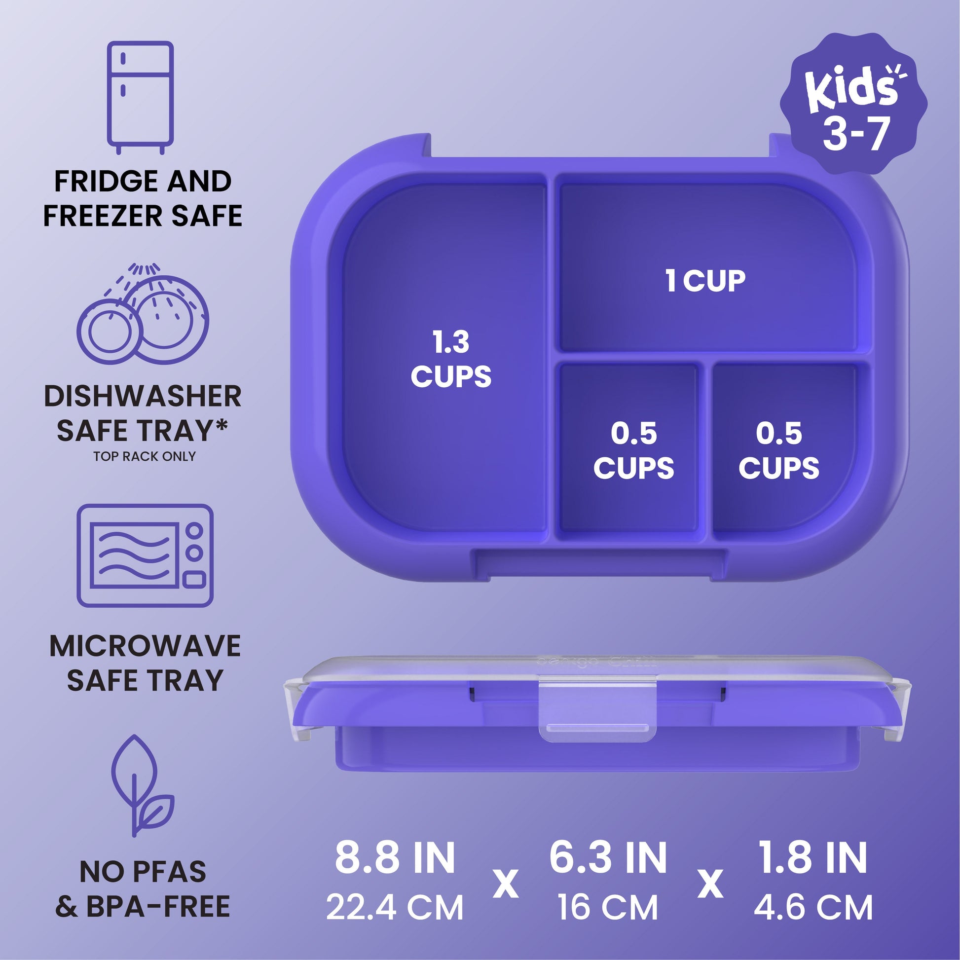 Bentgo® Chill Kids Tray with Transparent Cover - Electric Violet - Fridge And Freezer, Dishwasher Safe Tray, Microwave Safe Tray, And No PFAs & BPA-Free - Product Dimensions