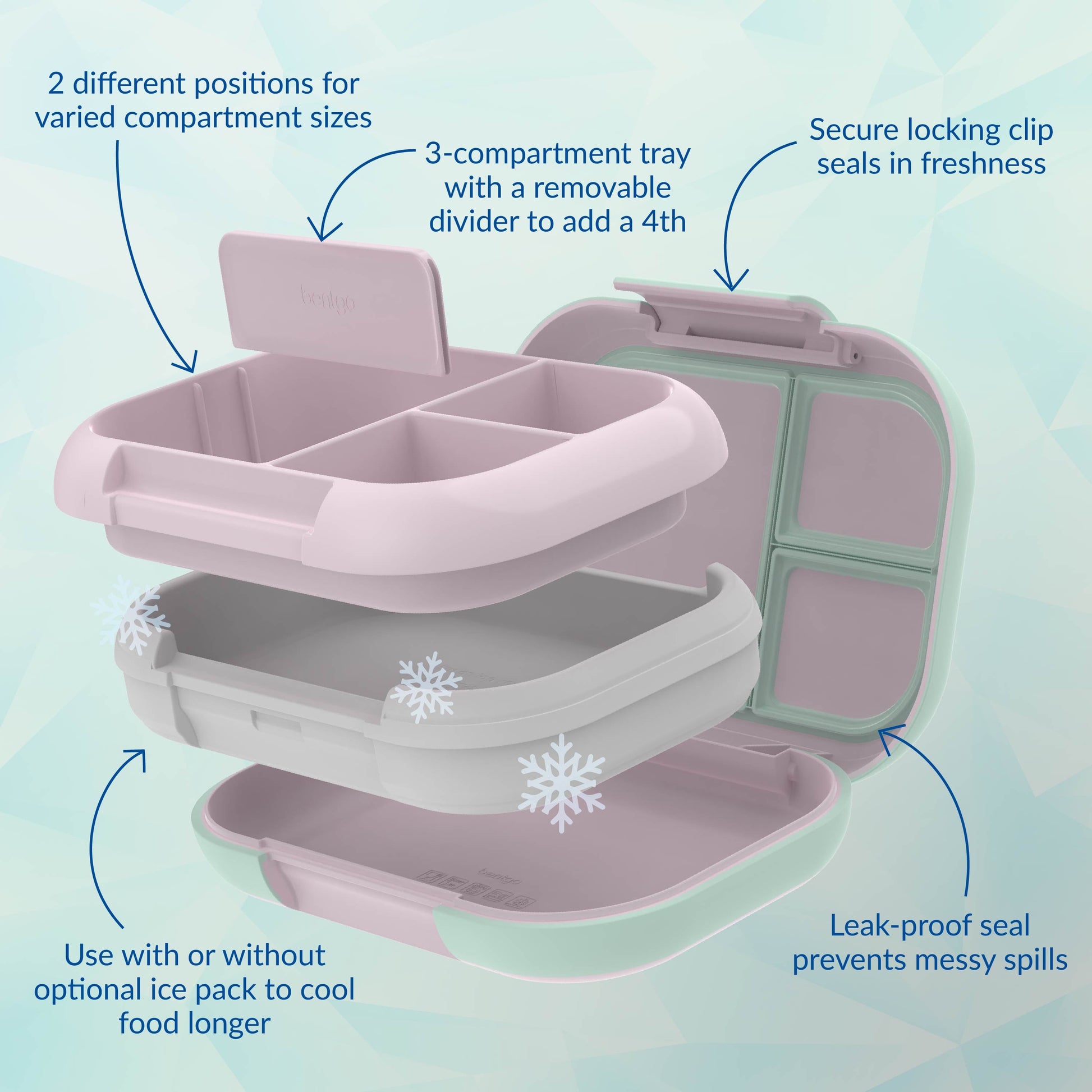 Bentgo® Chill Max Lunch Box (2-Pack) - Lavender/Peach Blossom & Rose/Mint | Secure Locking Clip, 3-Compartment Tray With A Removable Divider To Add A 4th, Use With Or Without Optional Ice Pack To Cool Food Longer, Leak-Proof Seal Prevents Messy Spills, And 2 Different Positions For Varied Compartment Sizes