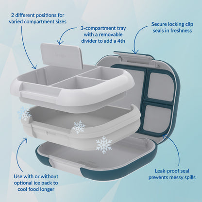 Bentgo® Chill Max Lunch Box (2-Pack) - Fog and Deep Teal | 2 Different Positions For Varied Compartment Sizes, 3-Compartment Tray With A Removable Divider To Add A 4th, Leak-Proof Seal Prevents Messy Spills, And Use With Or Without Optional Ice Pack To Cool Food Longer, and Secure Locking Clip Seals In Freshness