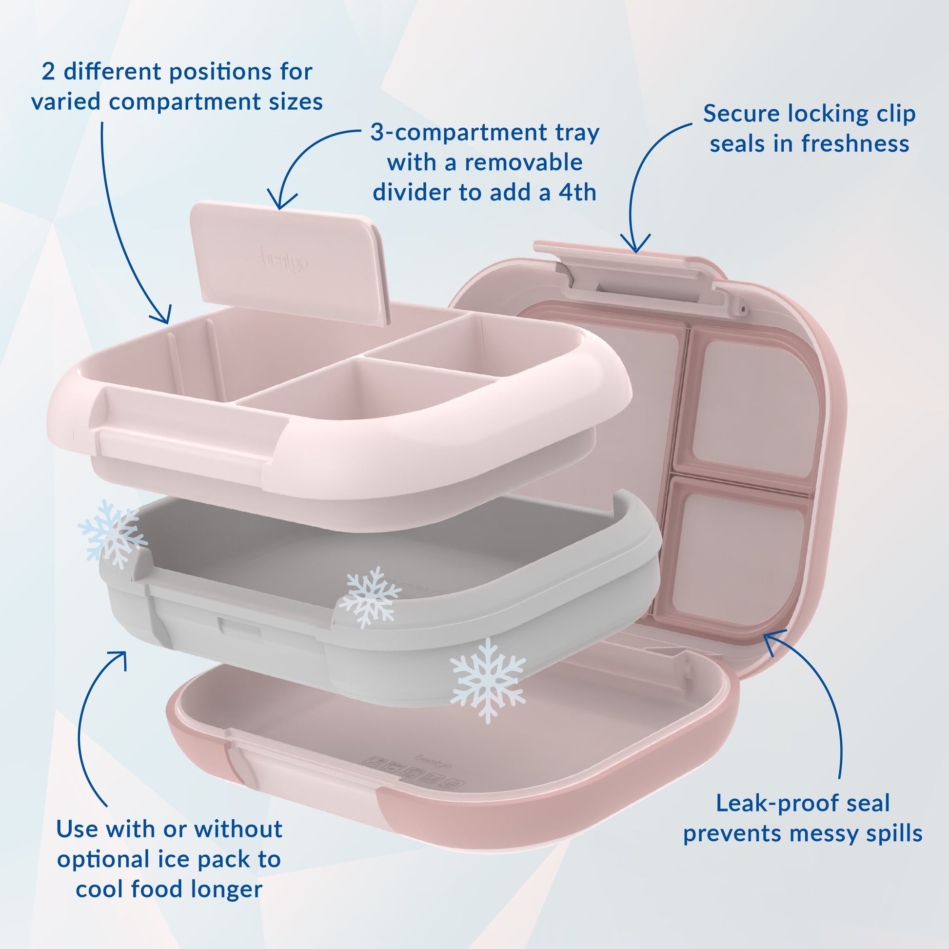 Bentgo® Chill Max Lunch Box (2-Pack) - Pink Cloud and Blush | 2 Different Positions For Varied Compartment Sizes, 3-Compartment Tray With A Removable Divider To Add A 4th, Leak-Proof Seal Prevents Messy Spills, And Use With Or Without Optional Ice Pack To Cool Food Longer, and Secure Locking Clip Seals In Freshness