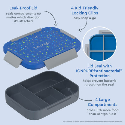 Bentgo® Kids Snap & Go Lunch Box (2-Pack) | Geo Speckle Blue - Our Lunch Box Features A Leak-Proof Lid, Kid-Friendly Locking Clips, Lid Seal with IONPURE Antibacterial Protection, and 4 Large Compartments