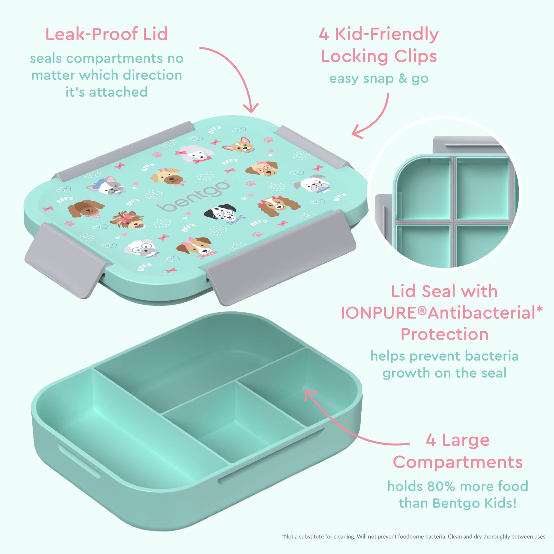 Bentgo® Kids Snap & Go Lunch Box (2-Pack) | Puppy Love - Our Lunch Box Features A Leak-Proof Lid, Kid-Friendly Locking Clips, Lid Seal with IONPURE Antibacterial Protection, and 4 Large Compartments