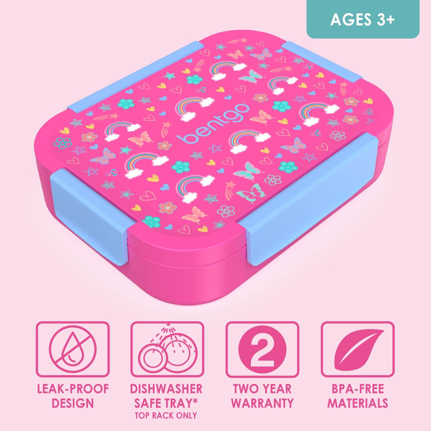 Bentgo® Kids Snap & Go Lunch Box (2-Pack) | Rainbows and Butterflies - Leak-Proof Design, Dishwasher Safe, Two Year Warranty, and BPA-Free Materials