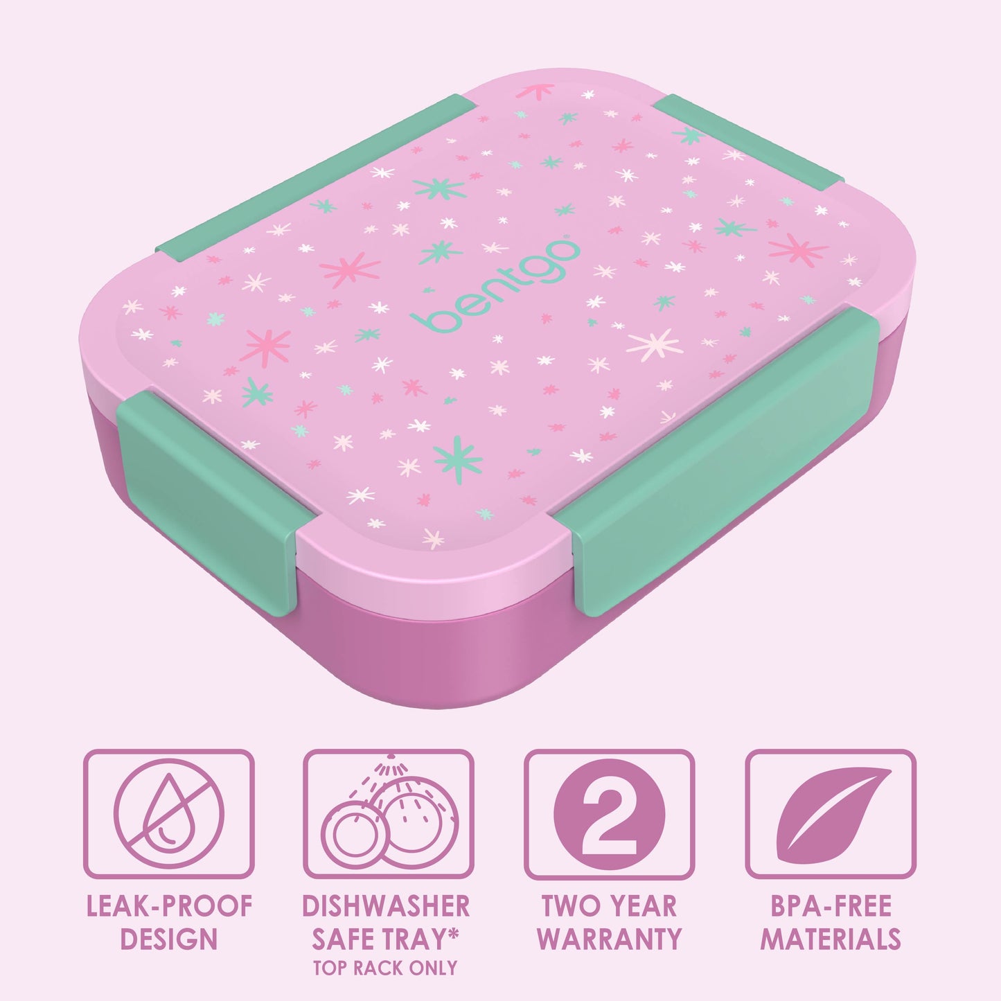 Bentgo® Kids Snap & Go Lunch Box (2-Pack) | Starry Sprinkle Pink - Leak-Proof Design, Dishwasher Safe, Two Year Warranty, and BPA-Free Materials