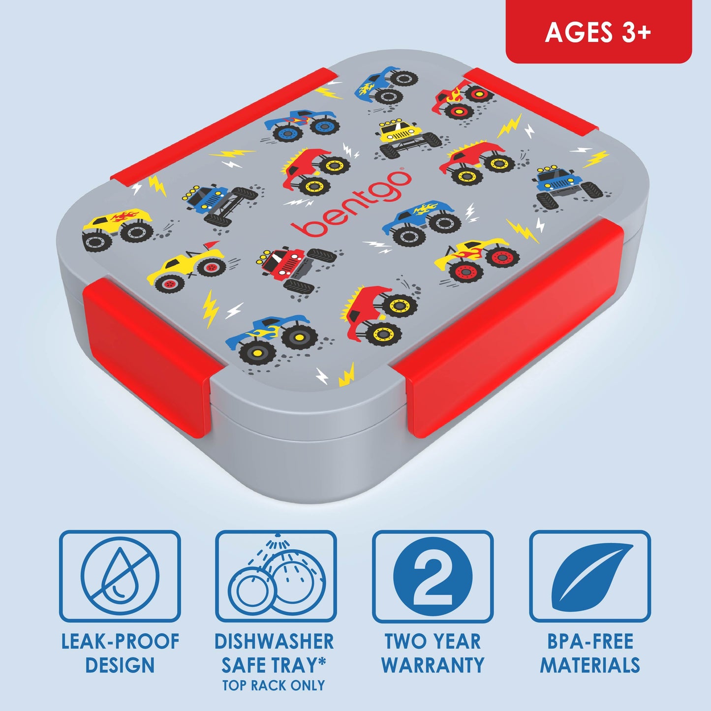 Bentgo® Kids Snap & Go Lunch Box (2-Pack) | Trucks - Leak-Proof Design, Dishwasher Safe, Two Year Warranty, and BPA-Free Materials