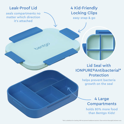 Bentgo® Kids Snap & Go Lunch Box (2-Pack) | Blue - Our Lunch Box Features A Leak-Proof Lid, Kid-Friendly Locking Clips, Lid Seal with IONPURE Antibacterial Protection, and 4 Large Compartments