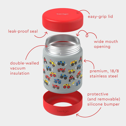 Bentgo® Kids Stainless Steel Food Jar - Trucks | Stainless Steel Food Jar Features Leak-Proof Seal, Easy-Grip Lid, Wide Mouth Opening, And Much More