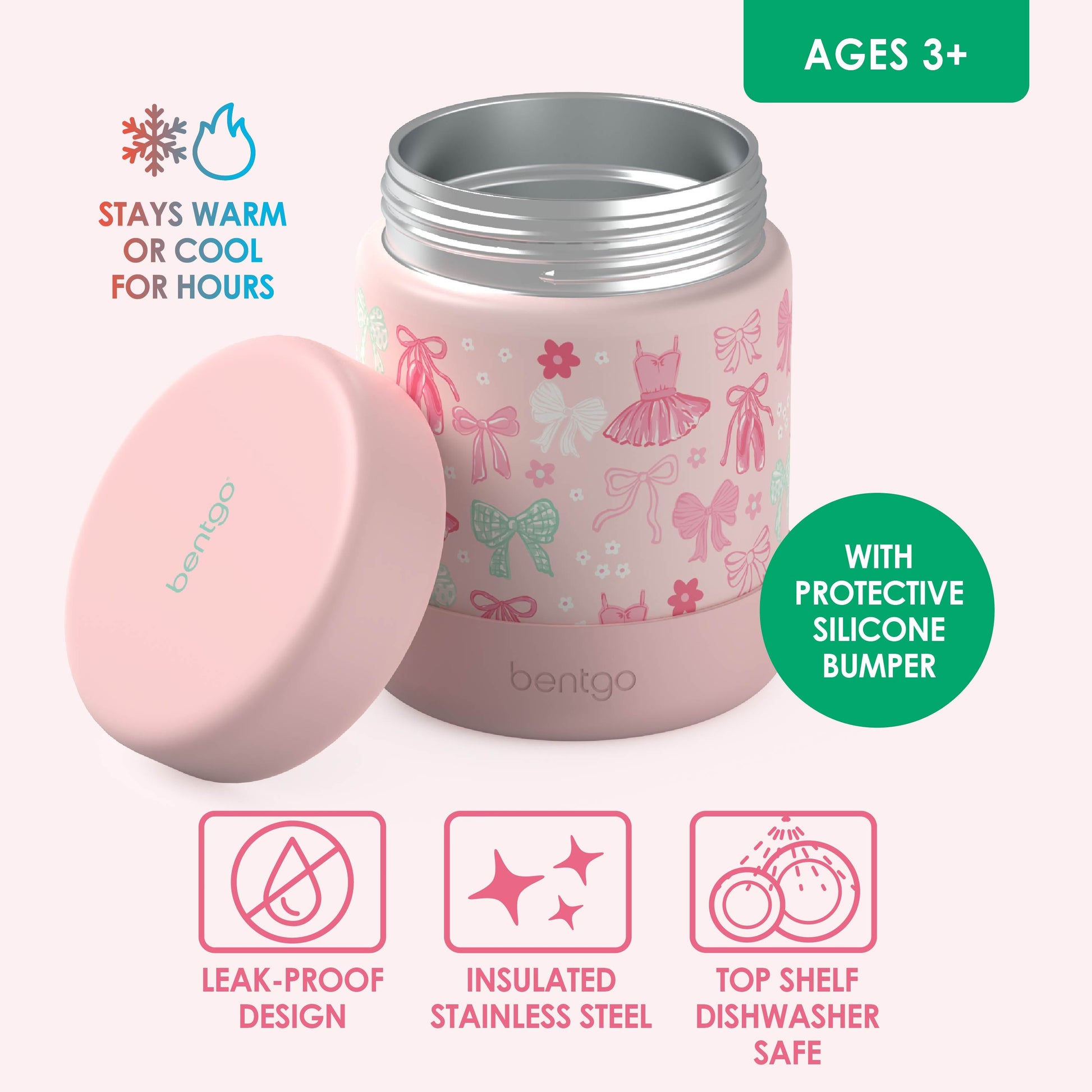 Bentgo® Kids Stainless Steel Food Jar - Ballet and Bows | Stainless Steel Food Jar Features Leak-Proof Design With Protective Silicone Bumper