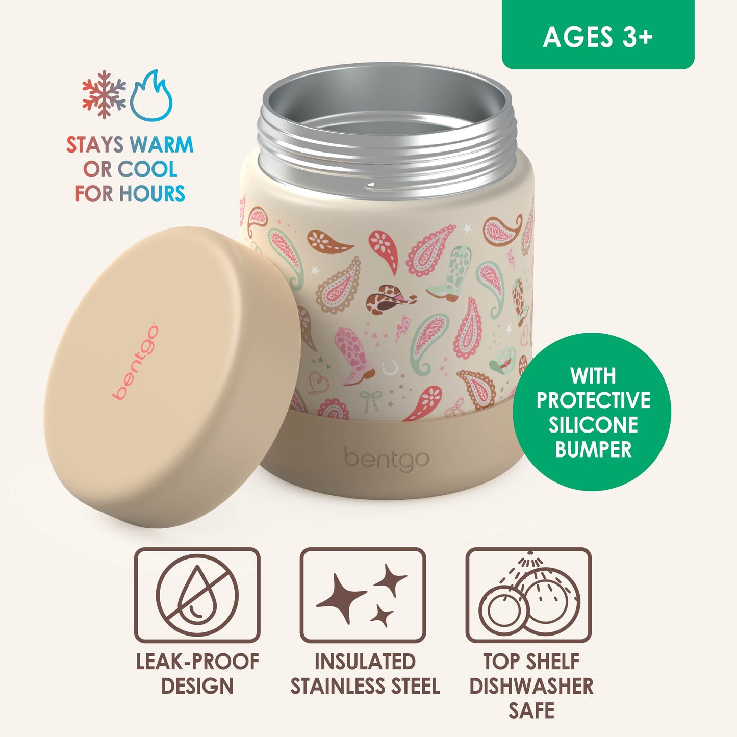 Bentgo® Kids Stainless Steel Food Jar - Cowgirl Dreams | Stainless Steel Food Jar Features Leak-Proof Design With Protective Silicone Bumper