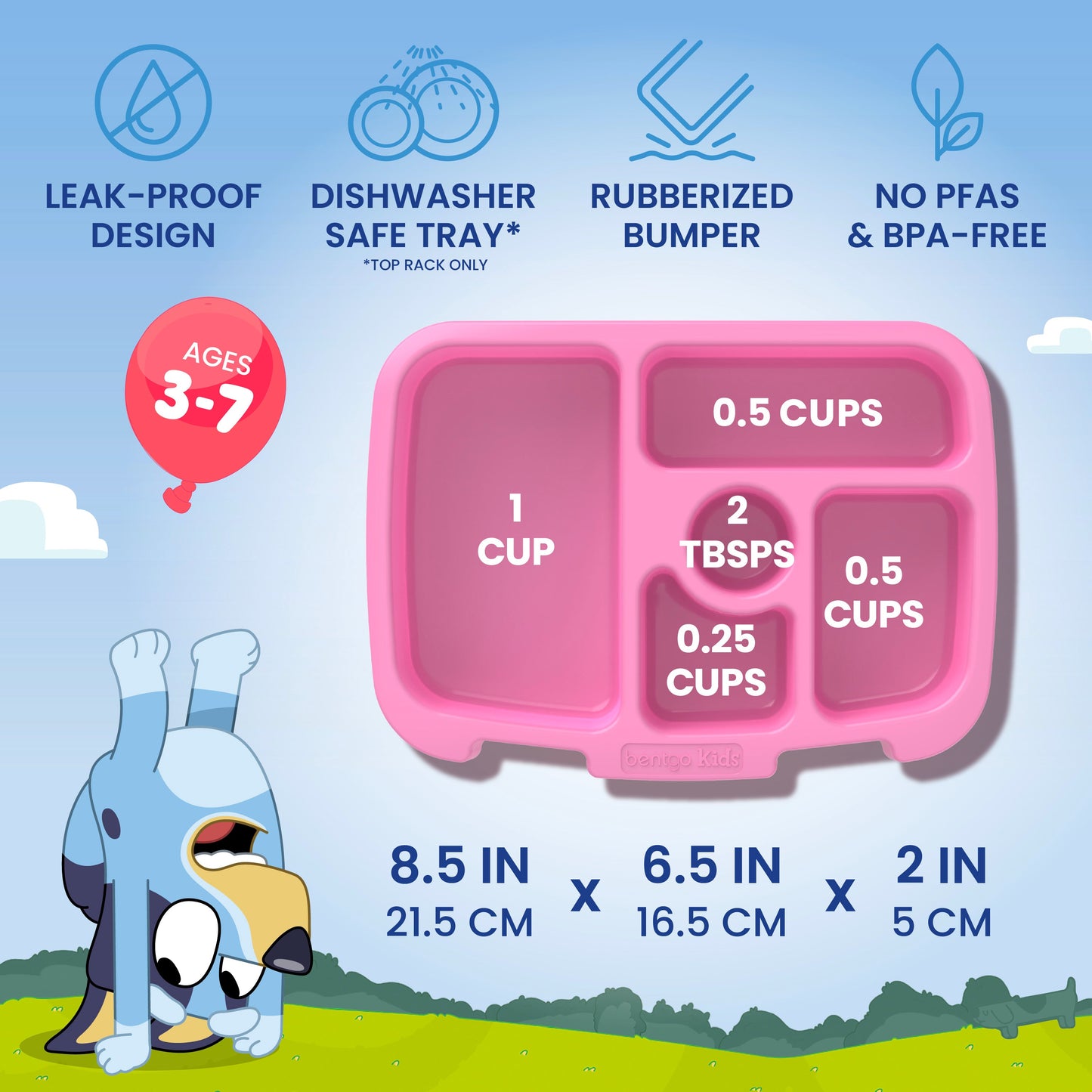 Bentgo + Bluey Kids Prints Lunch Box - Hearts & Crafts | Leak-Proof Design, Dishwasher Safe Tray, Rubberized Bumper, No PFAs & BPA-Free - Product Dimensions