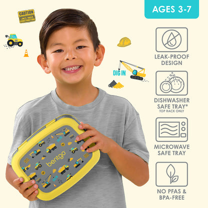 Bentgo Kids Prints Lunch Box - Construction Trucks | Leak-Proof Design, Dishwasher Safe Tray (Top Rack Only), Microwave Safe Tray And No PFAS & BPA-Free