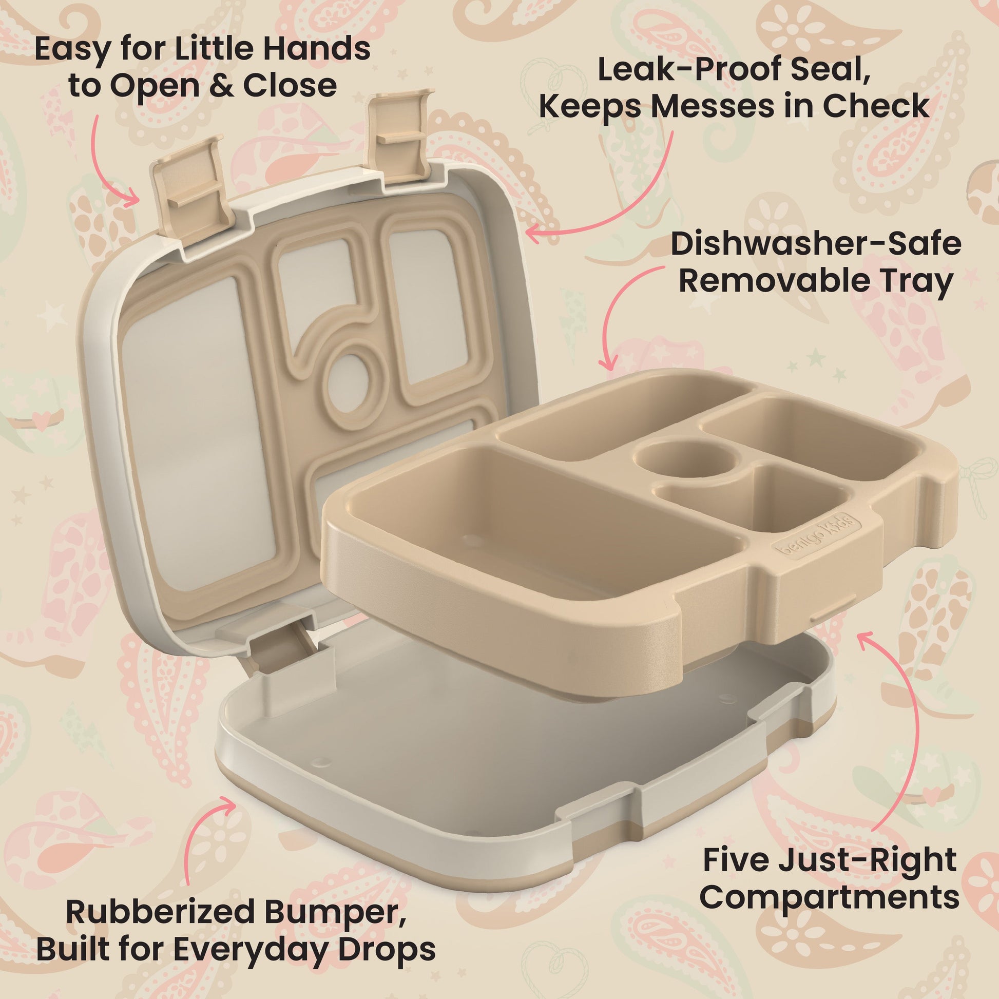 Bentgo Kids Prints Lunch Box - Cowgirl Dreams | Easy For Little Hands To Open & Close, Leak-Proof Seal, Keeps Messes In Check, Dishwasher-Safe Removable Tray, Rubberized Bumper, Built For Everyday Drops, And Five Just-Right Compartments