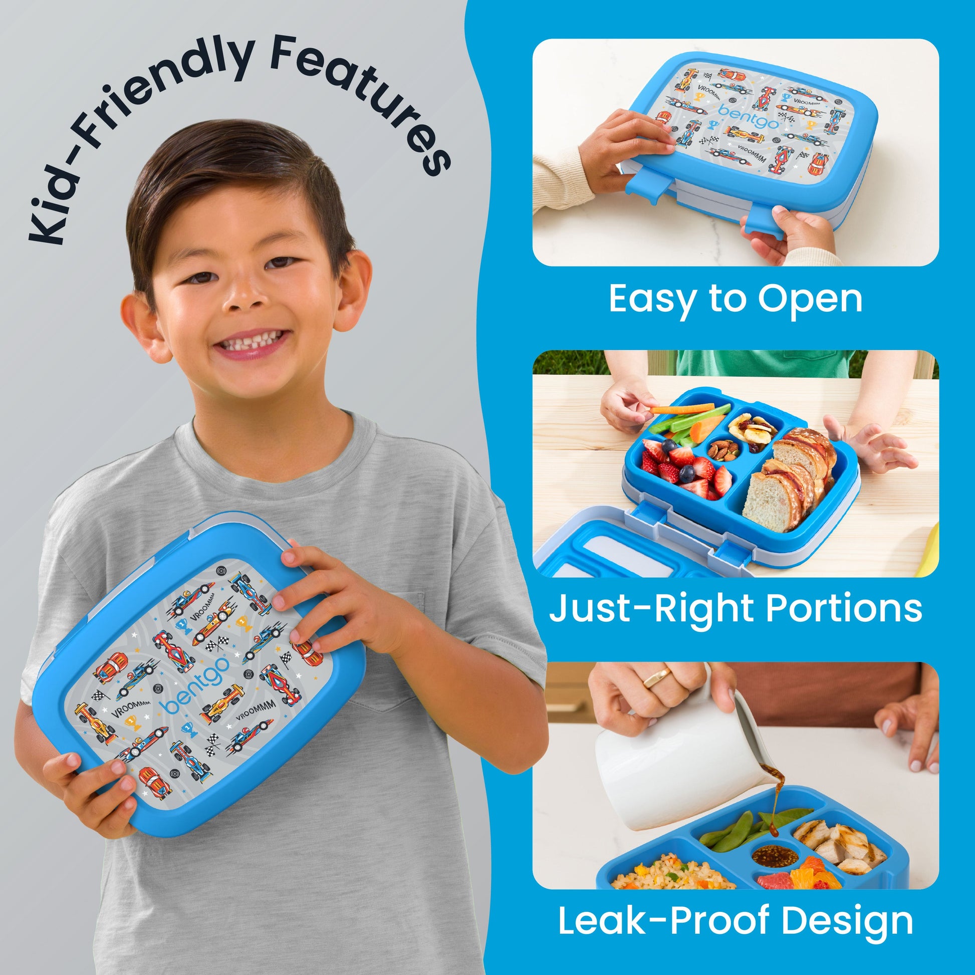 Bentgo Kids Prints Lunch Box - Race Cars | Kid-Friendly Features - Easy To Open, Just-Right Portions, Leak-Proof Design