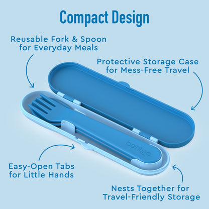 Bentgo® Kids Utensils Set - Blue| Compact Design - Reusable Fork & Spoon for Everyday Meals, Protective Storage Case for Mess-Free Travel, Easy-Open Tabs for Little Hands, and Nests Together for Travel-Friendly Storage