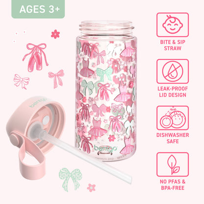 Bentgo Kids Water Bottle - Ballet and Bows | Bite & Sip Straw, Leak-Proof Lid Design, Dishwasher Safe, No PFAs & BPA-Free