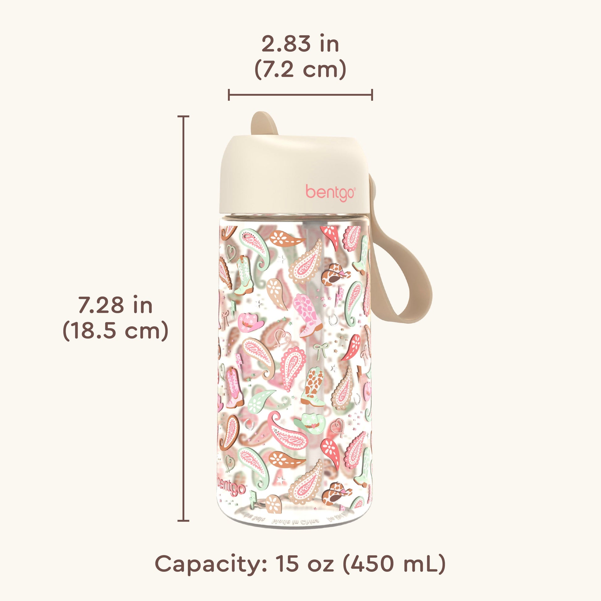Bentgo Kids Water Bottle - Cowgirl Dreams | Product Dimensions