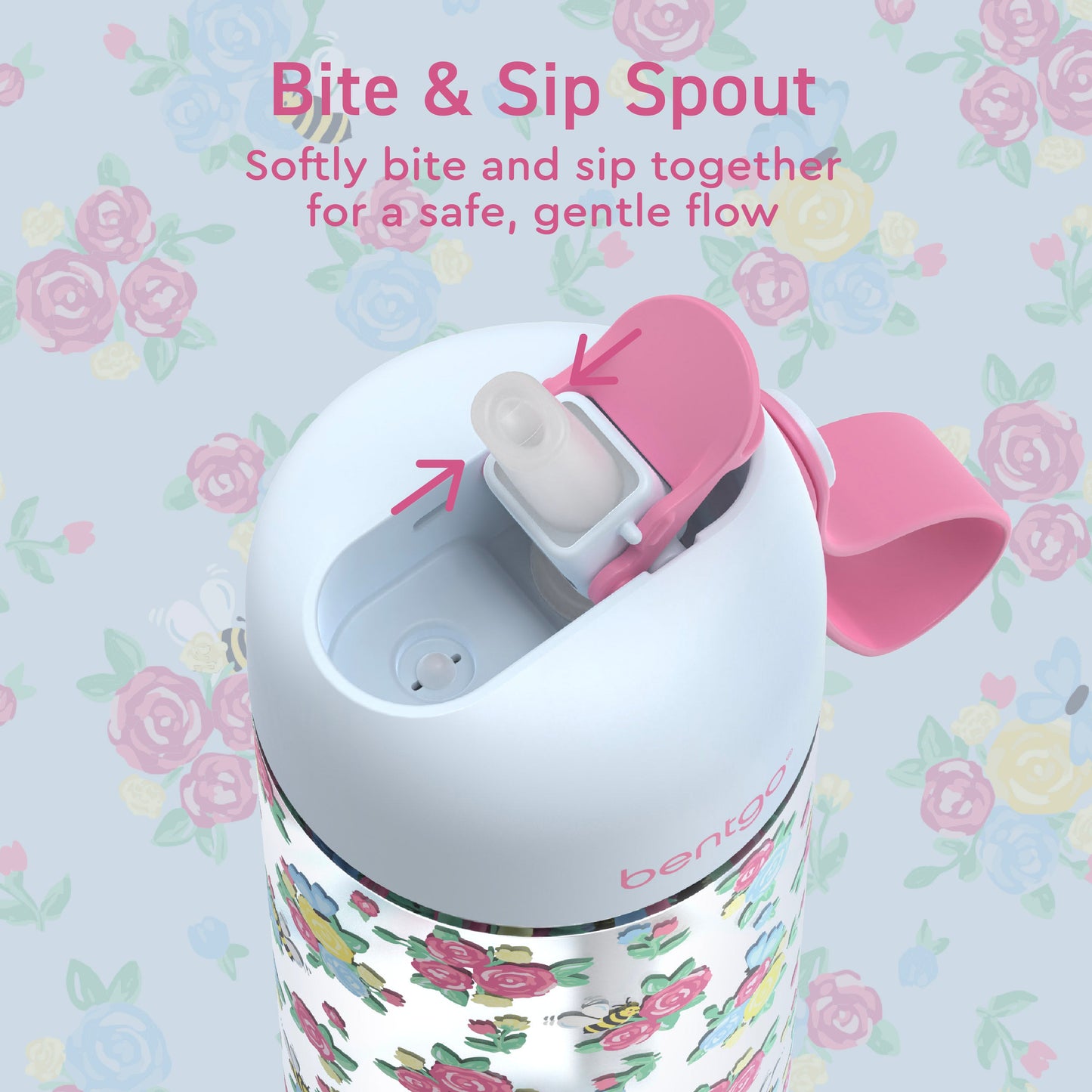 Bentgo Kids Water Bottle - Blooming Floral | Bite & Sip Spout - Softly Bite And Sip Together For A Safe, Gentle Flow
