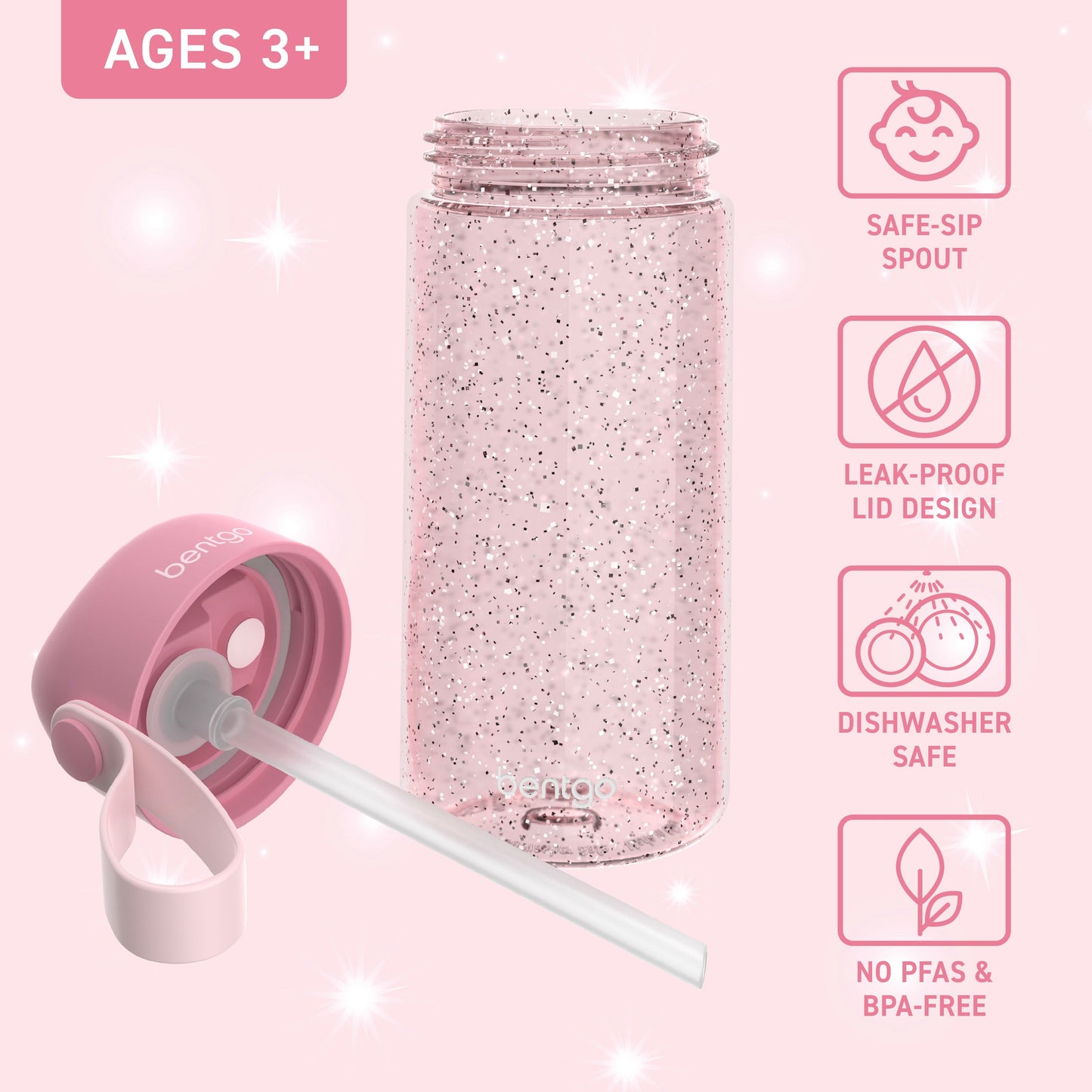 Bentgo Kids Water Bottle - Petal Pink Glitter | Bite & Sip Straw, Leak-Proof Lid Design, Dishwasher Safe, No PFAs & BPA-Free