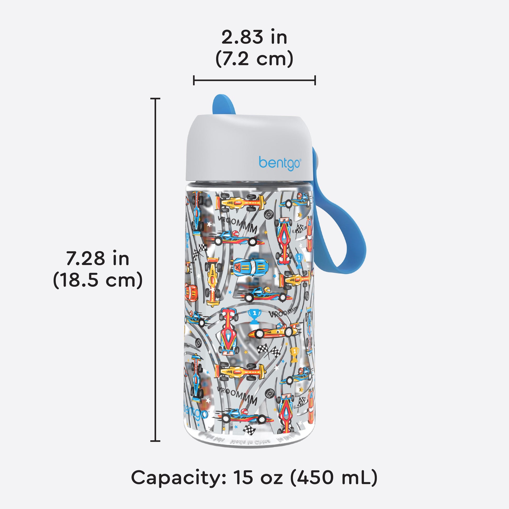 Bentgo Kids Water Bottle - Race Cars | Product Dimensions