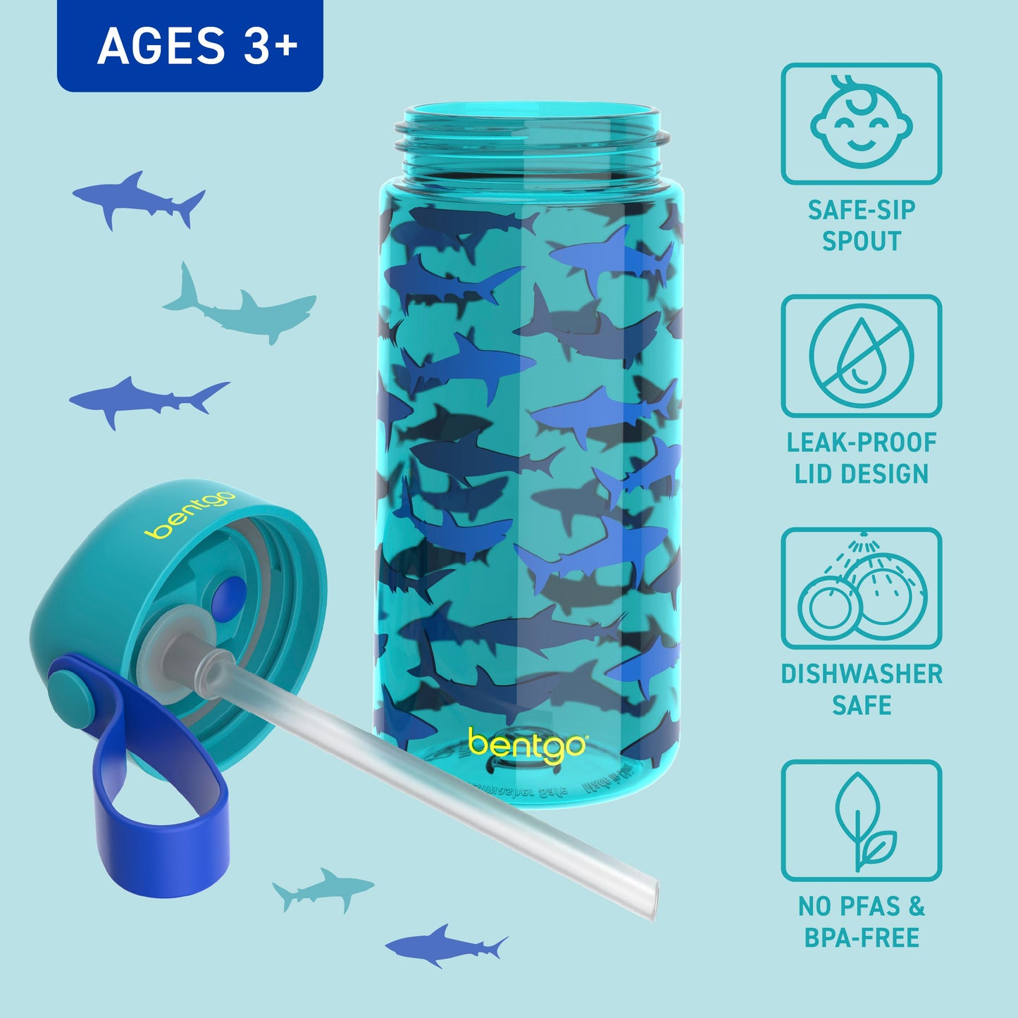 Bentgo Kids Water Bottle - Sharks | Bite & Sip Straw, Leak-Proof Lid Design, Dishwasher Safe, No PFAs & BPA-Free