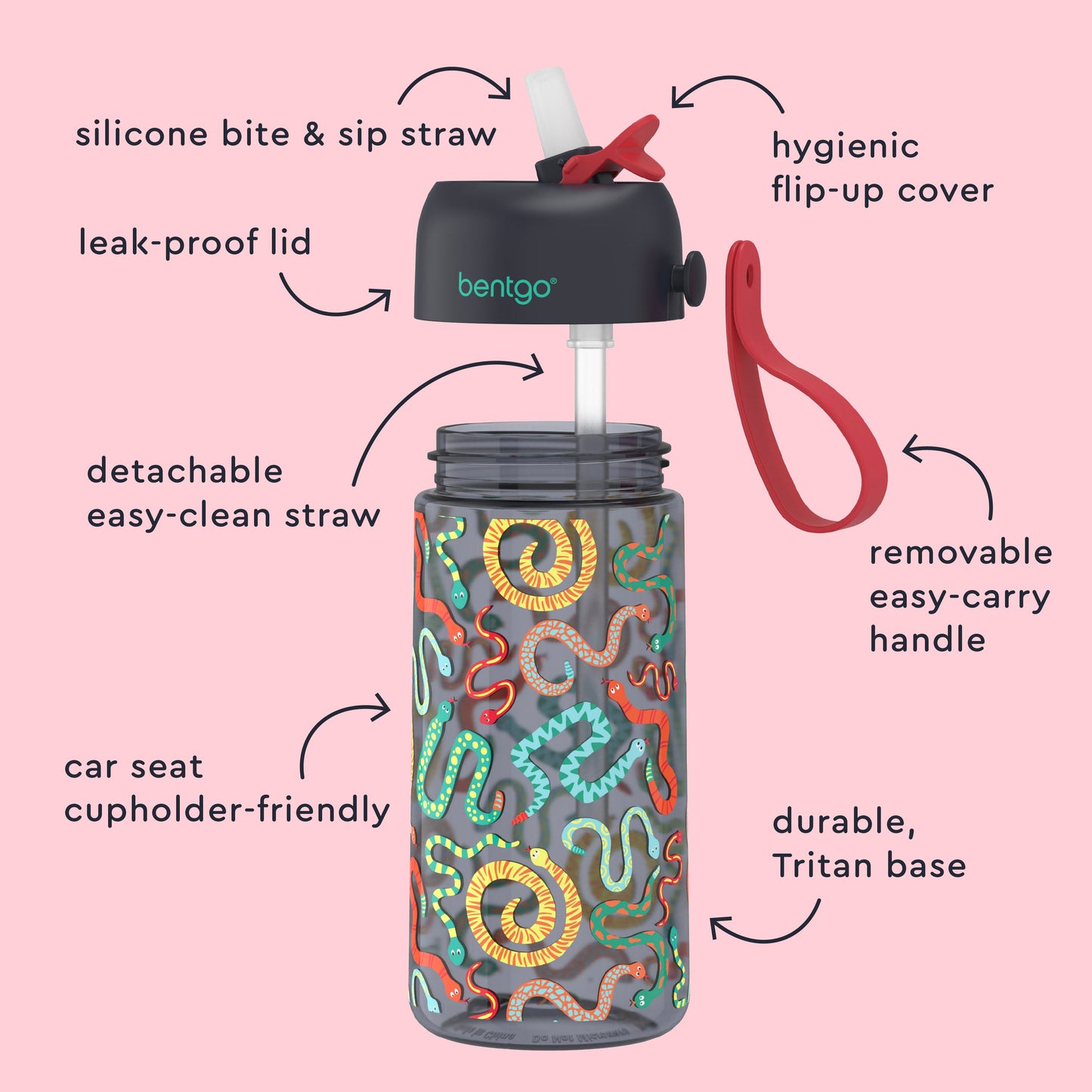 Bentgo Kids Water Bottle - Sssnakes | Silicone Bite & Sip Straw, Leak-Proof Lid, Detachable Easy-Clean Straw, Car Seat Cupholder-Friendly, Hygienic Flip-Up Cover, Removable Easy-Carry Handle, And Durable, Tritan Base