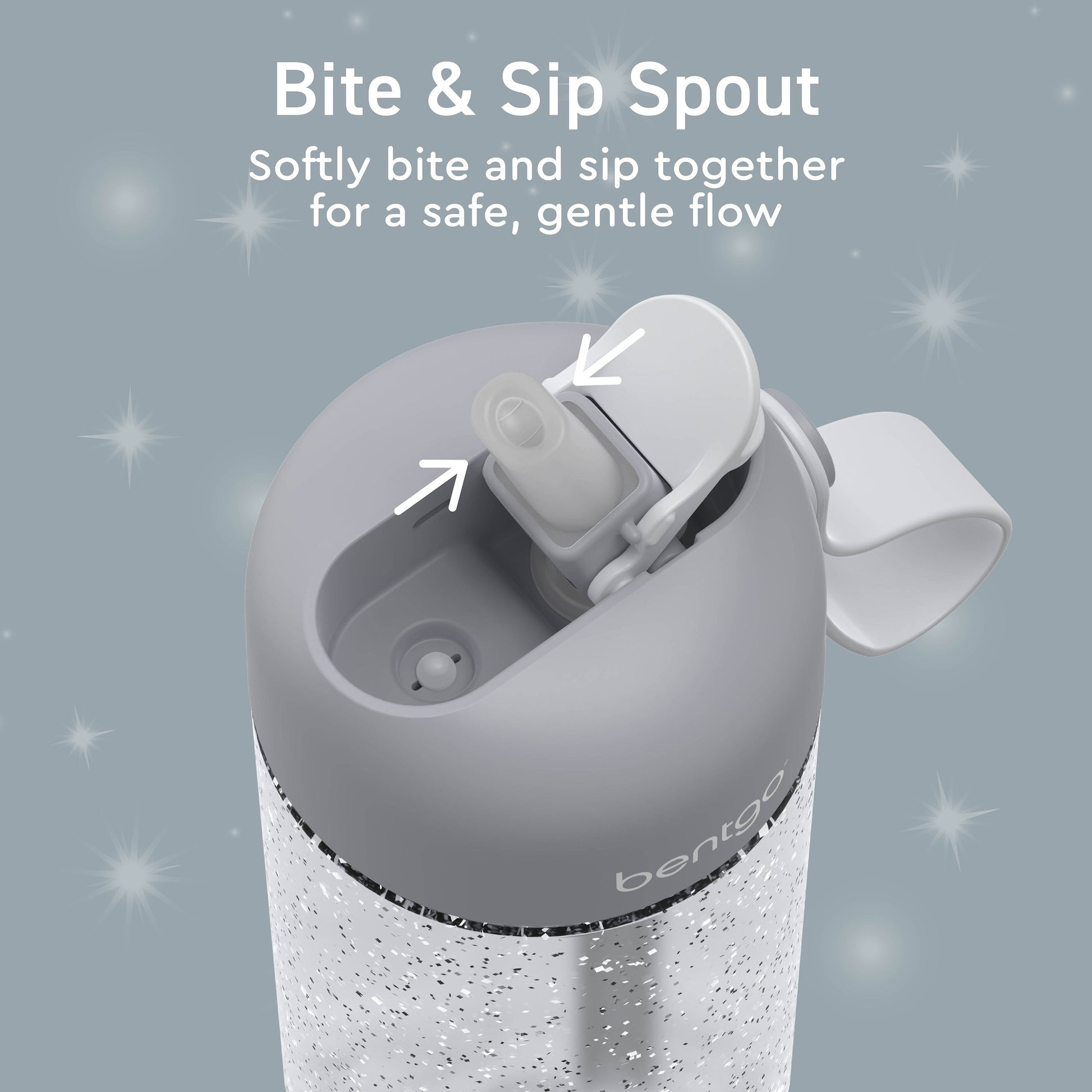 Bentgo® Kids Water Bottle - Silver Glitter | Bite & Sip Spout - Softly Bite And Sip Together For A Safe, Gentle Flow