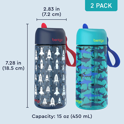 Bentgo® Kids Prints Water Bottle (2-Pack) - Rocket/Shark | Dimensions + What’s In The Box