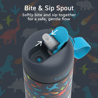 Bentgo® Kids Prints Water Bottle (2-Pack) - Dinosaur/Dino Fossils | Bite & Sip Spout - Softly Bite And Sip Together For A Safe, Gentle Flow
