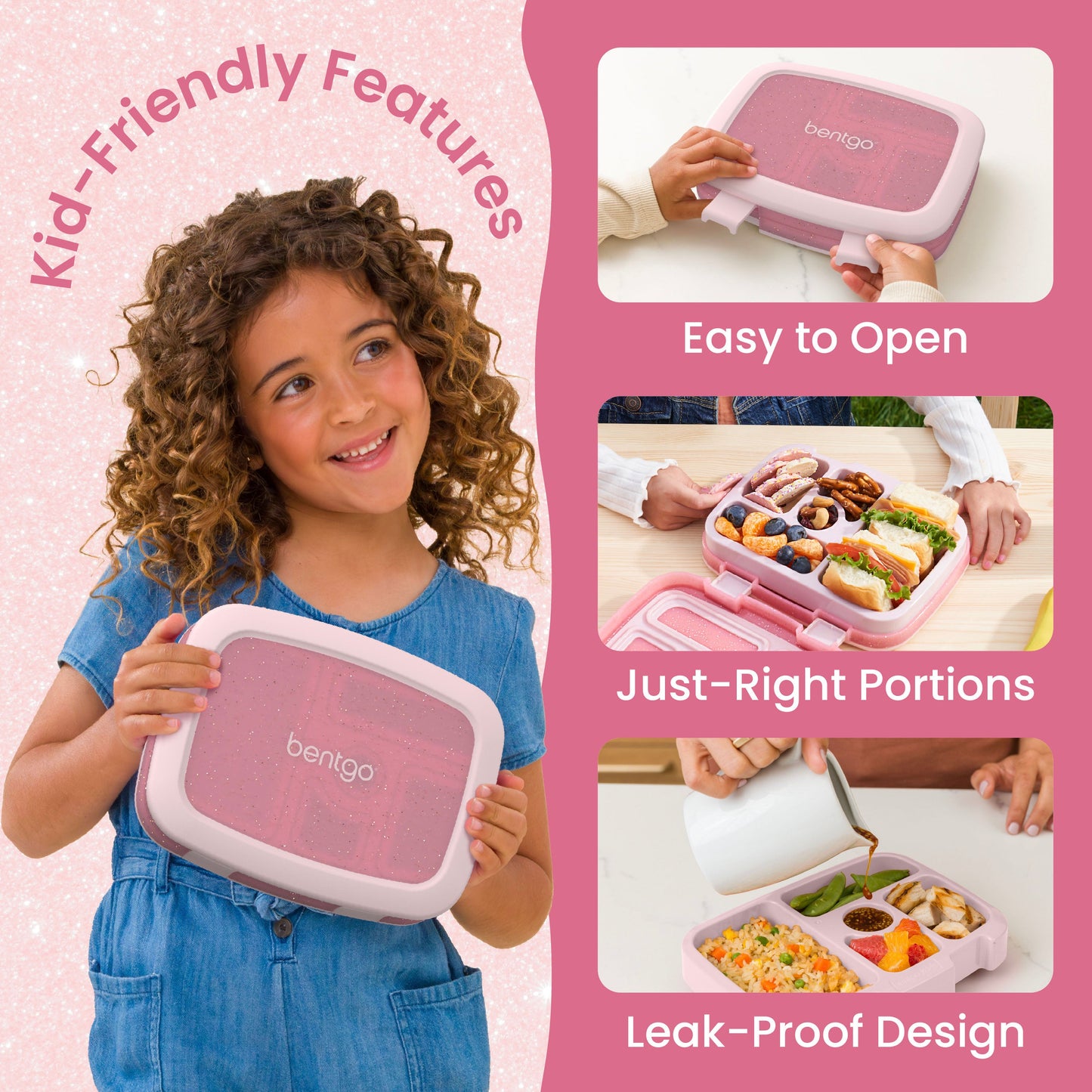 Bentgo® Kids Lunch Box (Glitter & Confetti) - Petal Pink Glitter | Kid-Friendly Features| Easy to Open, Just-Right Portions, and Leak-Proof Design