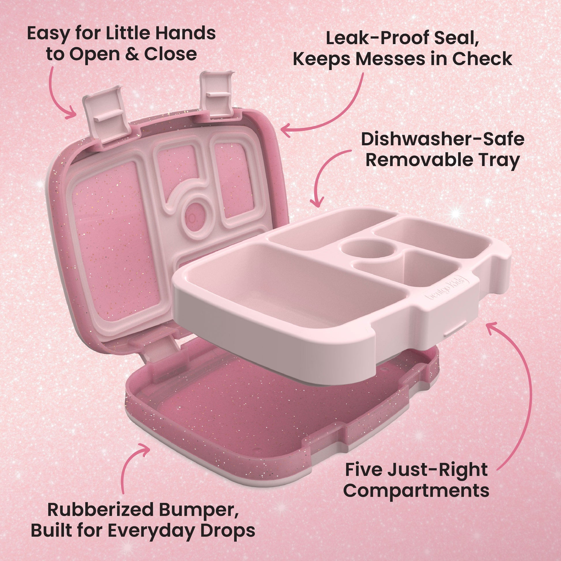 Bentgo® Kids Lunch Box (Glitter & Confetti) - Petal Pink Glitter | Easy for Little Hands to Open & Close, Leak-Proof Seal - Keeps Messes in Check, Dishwasher-Safe Removable Tray, Five Just Right Compartments, and Rubberized Bumper - Built for Everyday Drops