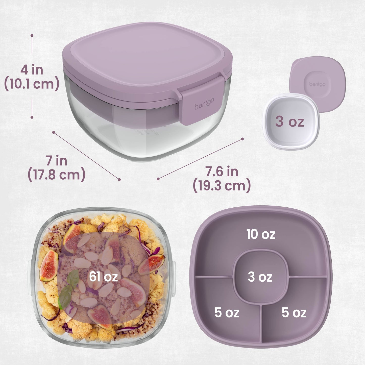 Bentgo® Glass Salad Container - Lavender | Salad Container Dimensions