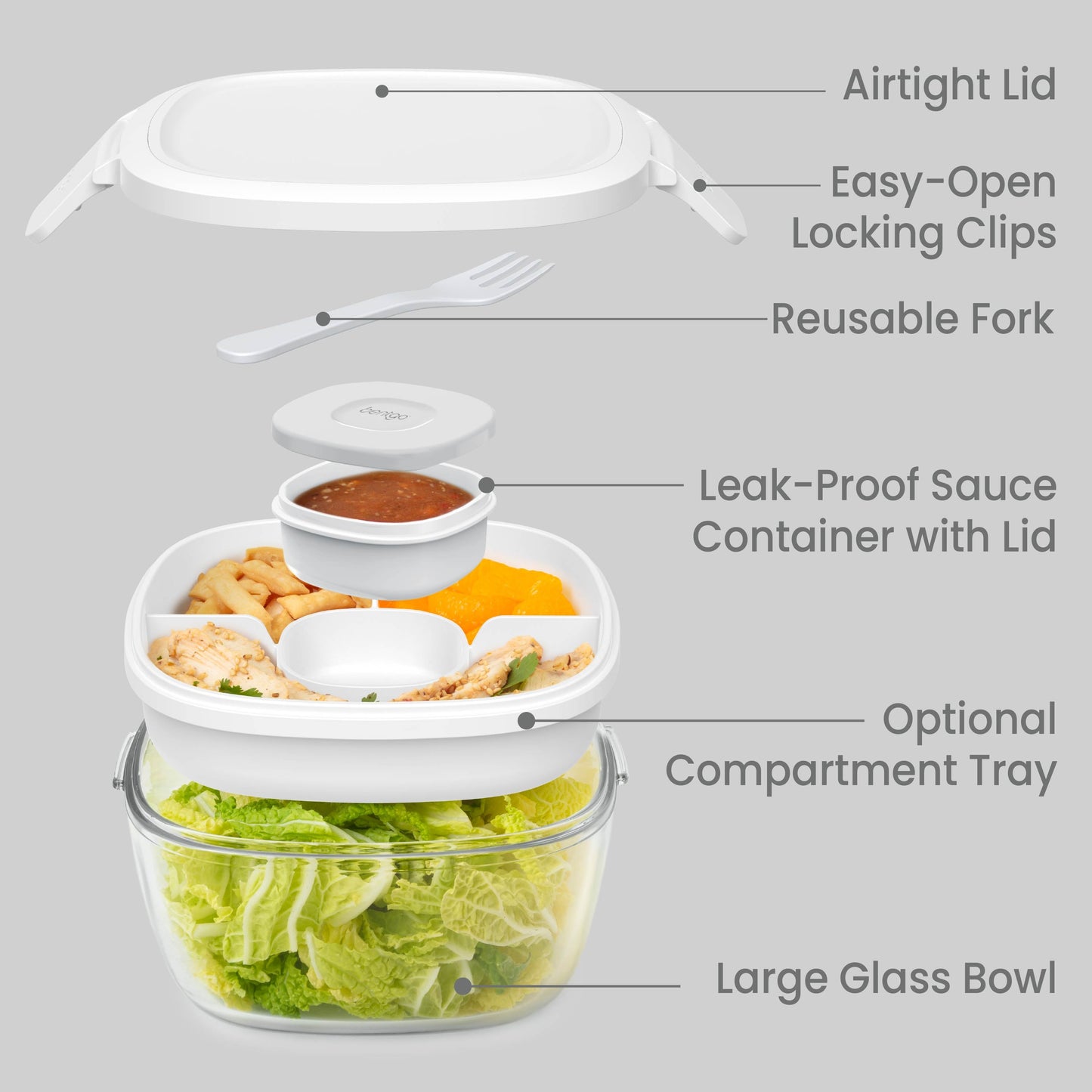 Bentgo® Glass Salad Container - White | Salad Container Contains An Airtight Lid, Easy-Open Locking Clips, Reusable Fork, Leak-Proof Sauce Container With Lid, Optional Compartment Tray, And Large, Glass Salad Bowl