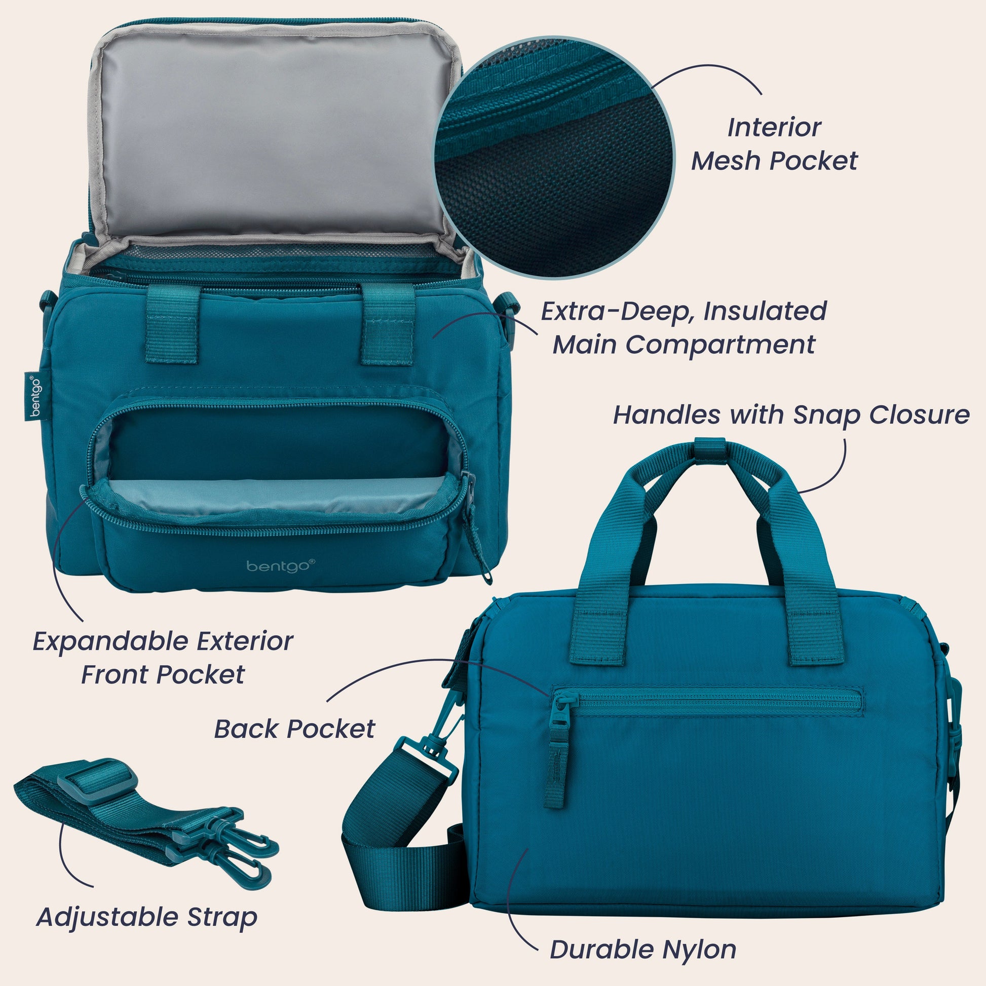 Bentgo® Insulated Lunch Bag - Deep Teal | Interior Mesh Pocket, Extra-Deep, Insulated Main Compartment, Expandable Exterior Front Pocket, Handles With Snap Closure, Durable Nylon, Back Pocket, And Adjustable Strap