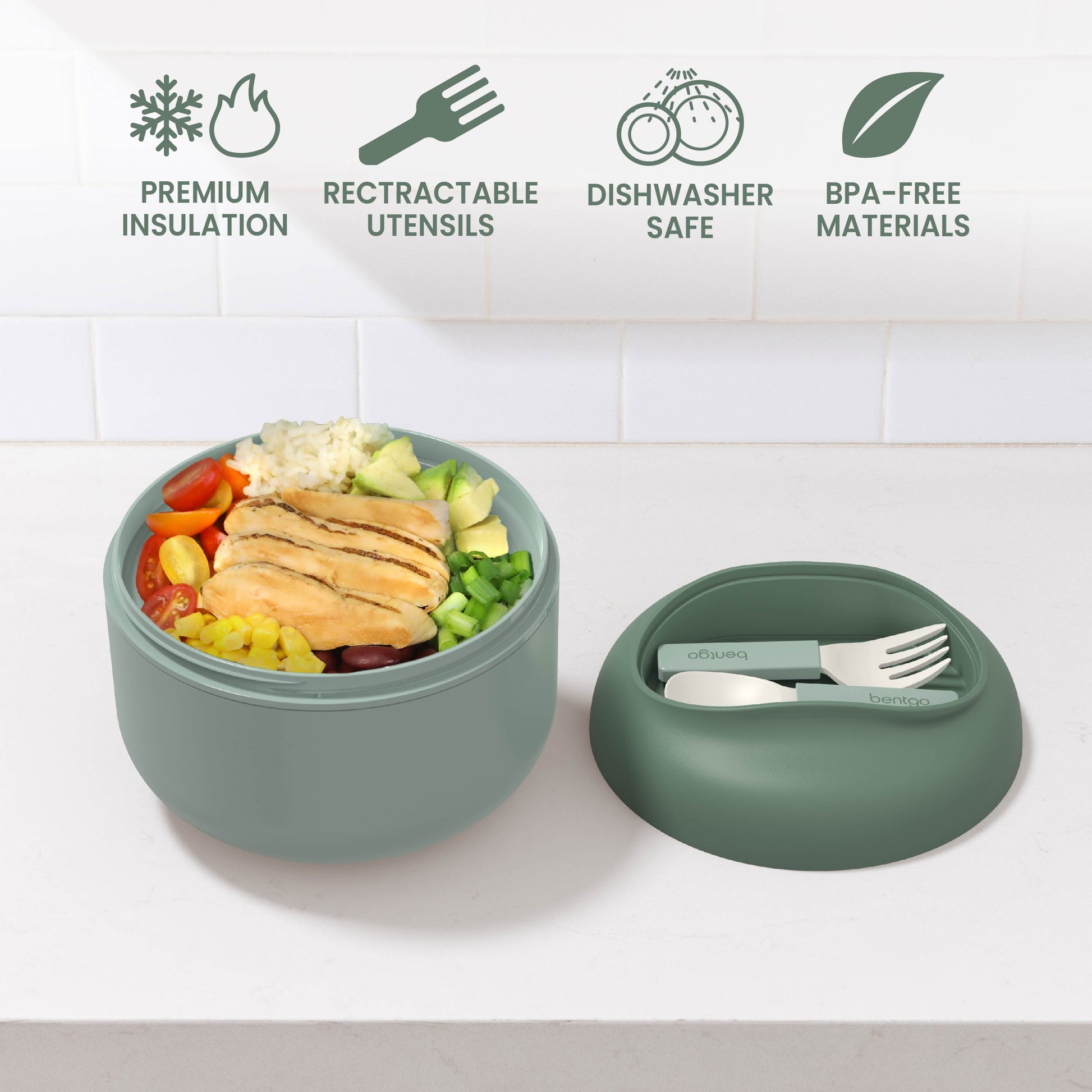 Bentgo® Bowl (2-Pack) - Khaki Green | Premium Insulation, Retractable Utensils, Dishwasher Safe, And BPA-Free Materials