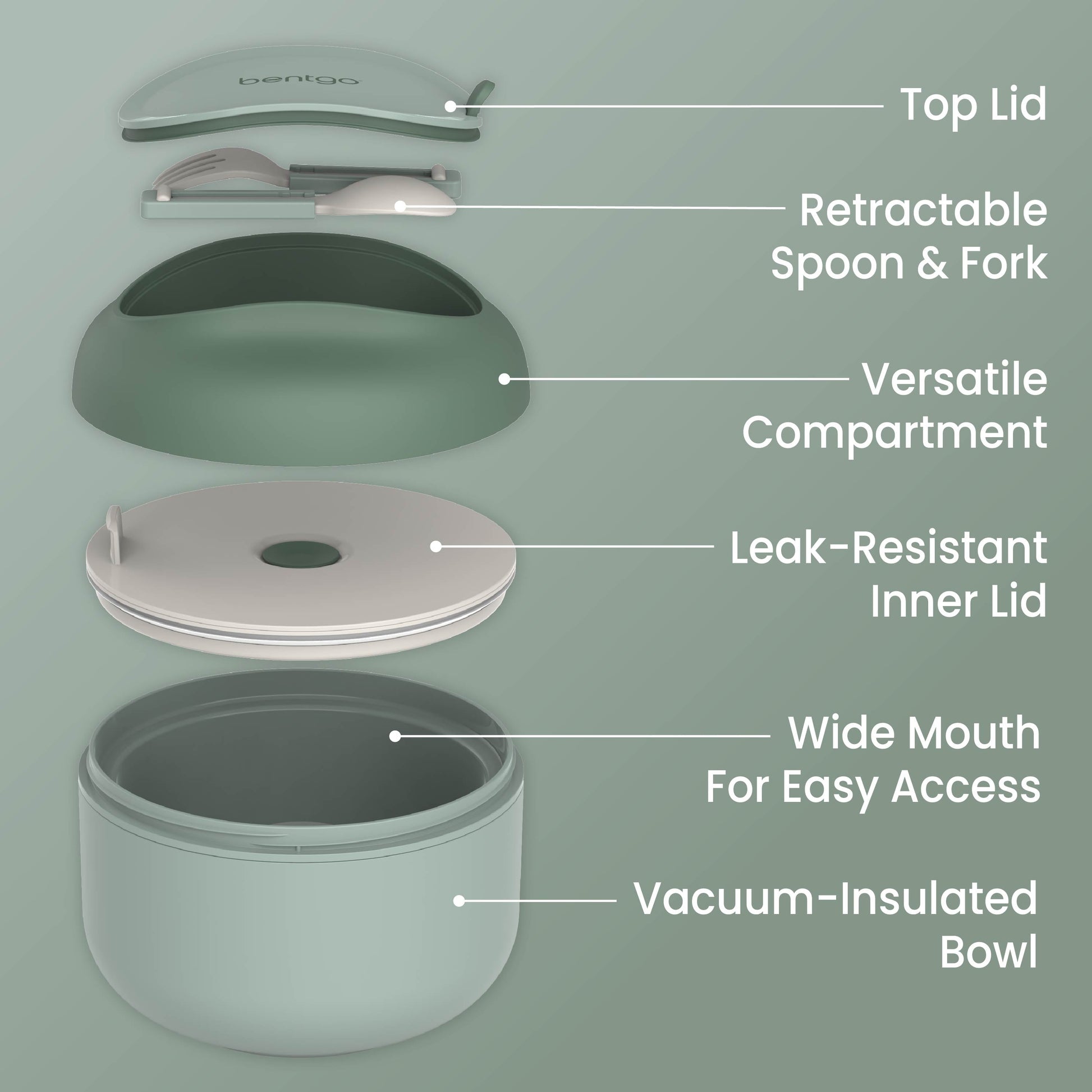 Bentgo® Bowl (2-Pack) - Khaki Green | Top Lid, Retractable Spoon & Fork, Versatile Compartment, Wide Mouth For Easy Access, Leak-Resistant Inner Lid, And Vacuum-Insulated Bowl