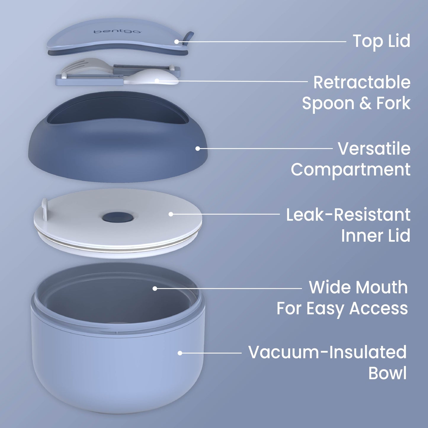 Bentgo® Bowl - Slate | Top Lid, Retractable Spoon & Fork, Versatile Compartment, Wide Mouth For Easy Access, Leak-Resistant Inner Lid, And Vacuum-Insulated Bowl