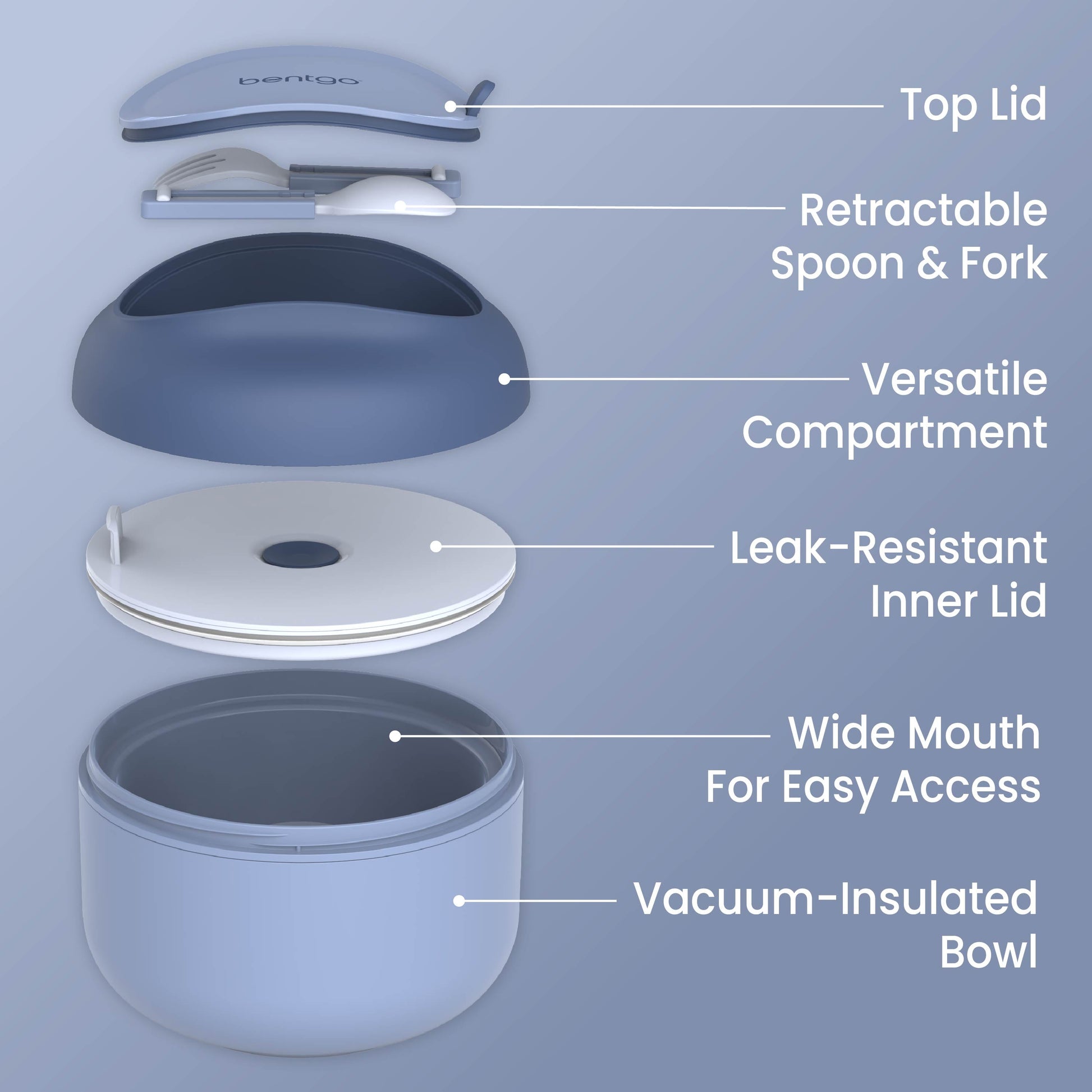 Bentgo® Bowl - Slate | Top Lid, Retractable Spoon & Fork, Versatile Compartment, Wide Mouth For Easy Access, Leak-Resistant Inner Lid, And Vacuum-Insulated Bowl