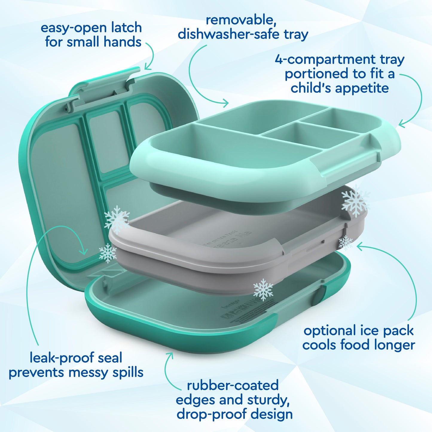 Bentgo® Chill Kids Lunch & Snack Box - Aqua | Easy-Open Latch For Small Hands, Removable, Dishwasher-Safe Tray, 4-Compartment Tray Portioned To Fit A Child’s Appetite, Leak-Proof Seal Prevents Messy Spills, Optional Ice Pack Cools Food Longer, Rubber-Coated Edges And Sturdy, Drop-Proof Design