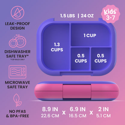 Bentgo® Chill Kids Lunch Box - Electric Violet | Kids 3-7 | Leak-Proof Design, Dishwasher Safe Tray (Top-Rack Only), Microwave Safe Tray, and No PFAS & BPA-Free | Product Dimensions