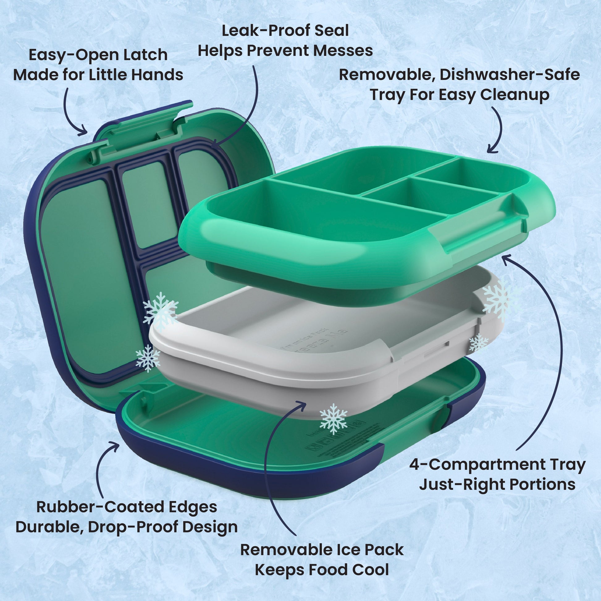 Bentgo® Chill Kids Lunch Box - Green/Navy | Easy-Open Latch Made for Little Hands, Leak-Proof Seal Helps Prevent Messes, Removable, Dishwasher-Safe Tray for Easy Cleanup, 4-Compartment Tray Just-Right Portions, Removable Ice Pack Keeps Food Cool, and Rubber-Coated Edges - Durable, Drop-Proof Design